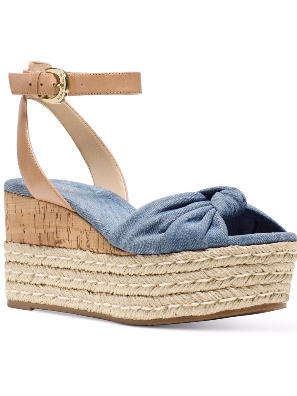 Michael Kors Maxwell denim knot Espadrille Wedge Sandals w/tan Ankle Strap